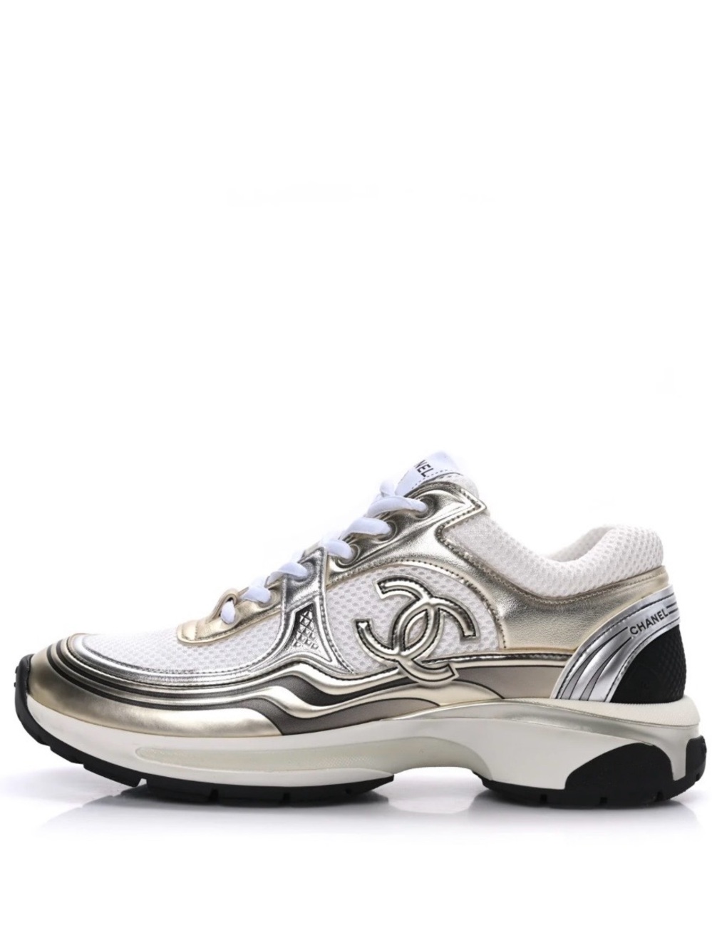 Chanel CC Logo Sneaker Runner White Gold Silver Size 35